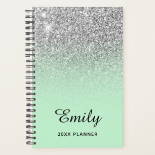 Pastel Mint Silver Glitter Ombre Personalized Planner