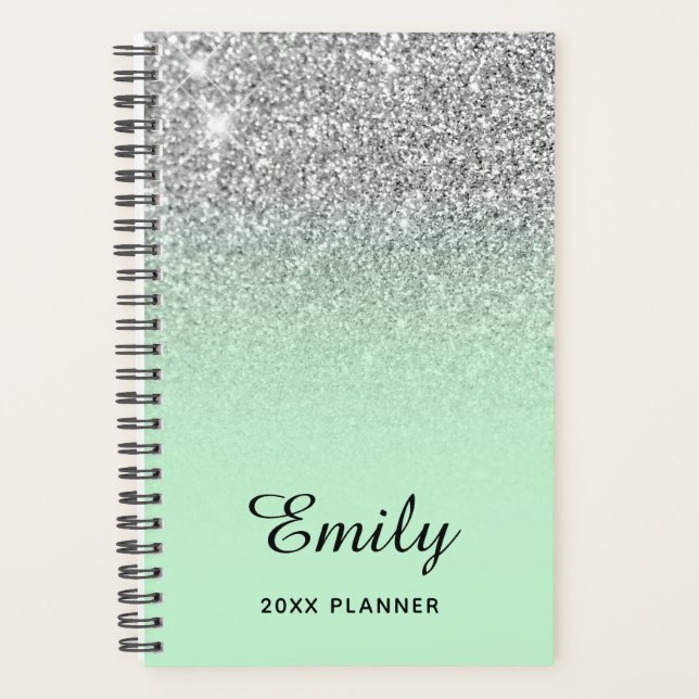 Pastel Mint Silver Glitter Ombre Personalized Planner (Front)