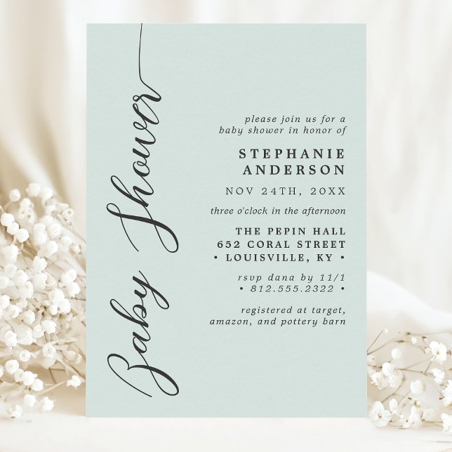 Pastel Mint Simple Modern Script Baby Shower Invitation (Creator Uploaded)