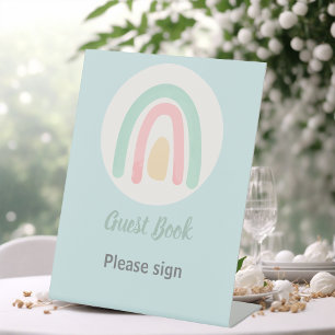 Pastel Minty Blue Rainbow Baby Shower Guest Book Pedestal Sign