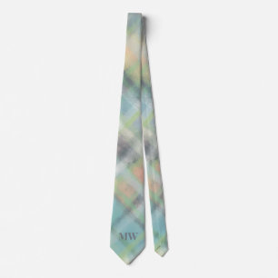 Pastel Monogram Green Teal Yellow Grey Plaid Check Tie
