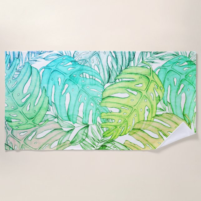 Pastel monstera palm leaf tropical watercolor  beach towel (Front)