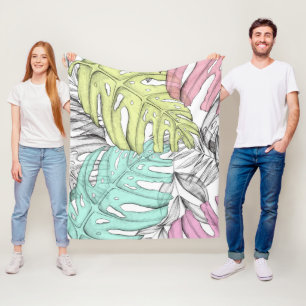 Pastel monstera palm leaf tropical watercolor  fleece blanket