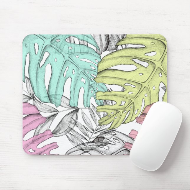 Pastel monstera palm leaf tropical watercolor  mouse pad (With Mouse)