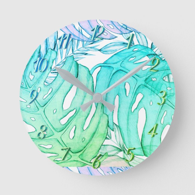 Pastel monstera palm leaf tropical watercolor  round clock (Front)