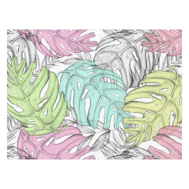 Pastel monstera palm leaf tropical watercolor  tablecloth (Front (Horizontal))