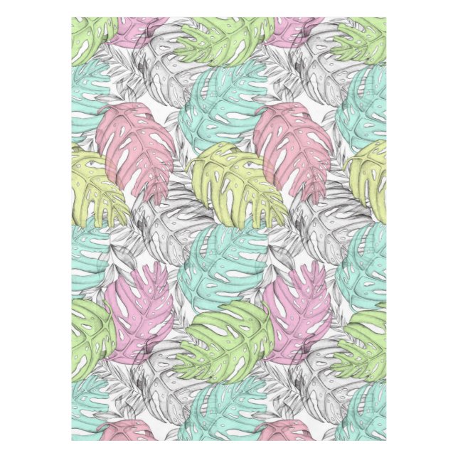 Pastel monstera palm leaf tropical watercolor  tablecloth (Front)