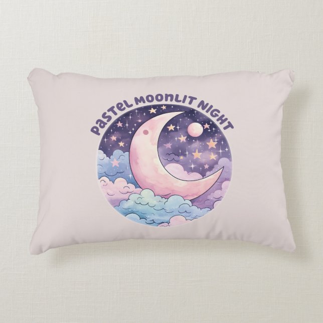 Pastel Moonlit Night – Dreamy Crescent Moon Accent Pillow (Front)