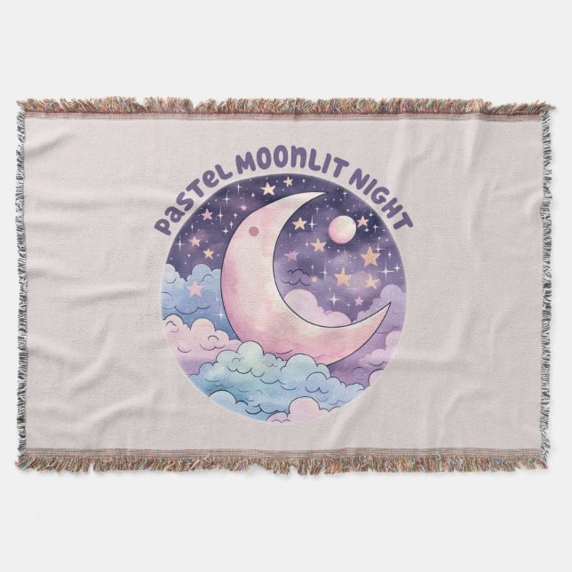 Pastel Moonlit Night – Dreamy Crescent Moon Throw Blanket (Front)