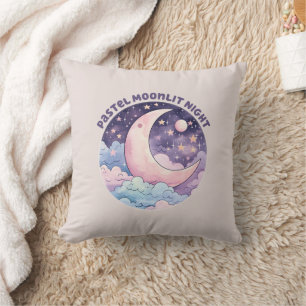 Pastel Moonlit Night – Dreamy Crescent Moon Throw Pillow