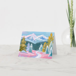 Pastel Mountain Range Winter Scene   Paint Strokes Holiday Card