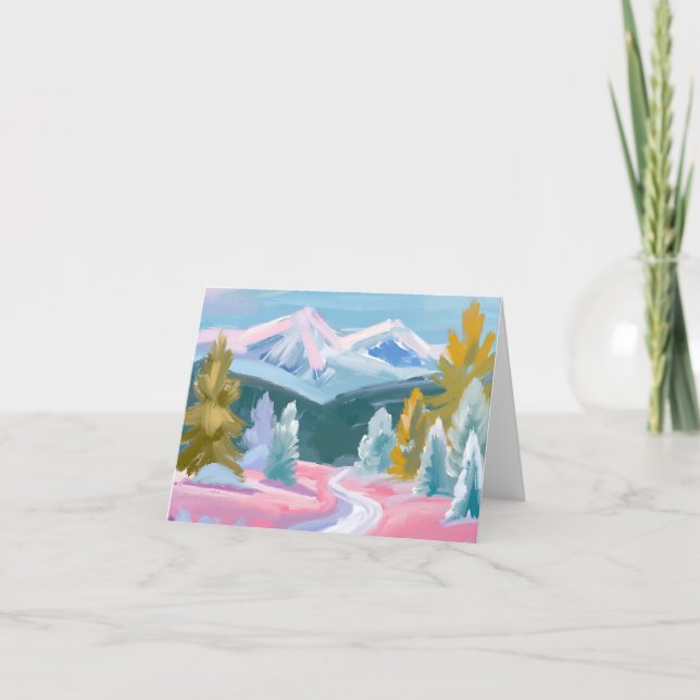 Pastel Mountain Range Winter Scene | Paint Strokes Holiday Card (Front)