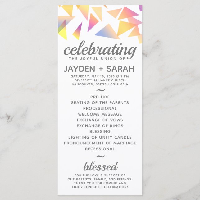 Pastel Multi-Coloured Confetti White Wedding Program (Front)