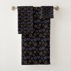 Pastel Multicolor Star Silhouettes on Black Bath Towel Set