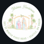 Pastel Nativity Christmas | Address Classic Round Sticker<br><div class="desc">This return address label design has a pastel color palette and features a nativity scene with baby Jesus,  Mary and Joseph. You can personalize with a name and address.
If you have any questions or need help customizing this label,  please reach out. I'm happy to help.</div>
