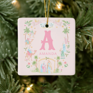 Pastel Nativity Monogram Ceramic Ornament