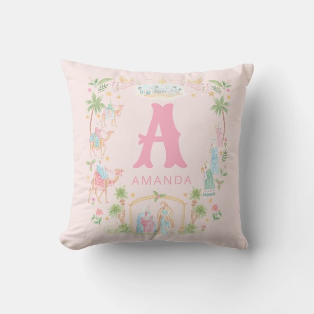 Pastel Nativity Monogram Throw Pillow (Front)