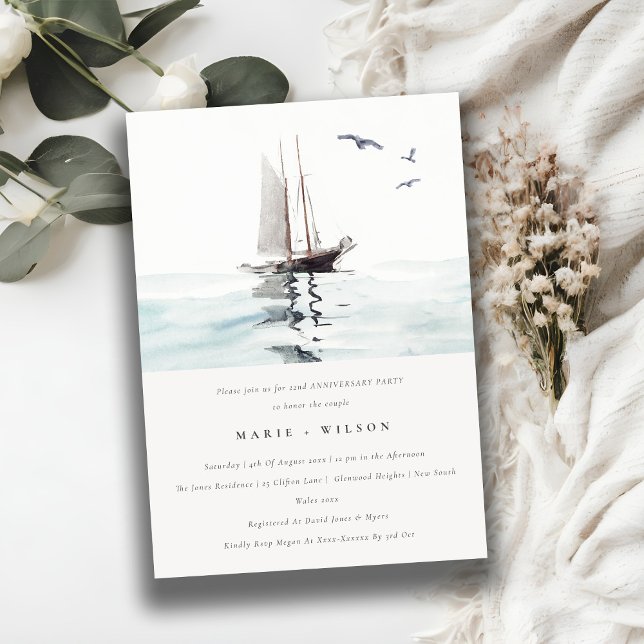 Pastel Nautical Sailing Yacht Any Year Anniversary Invitation (Creator Uploaded)