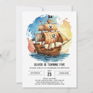 Pastel Nautical Waves Pirate Birthday Invitation