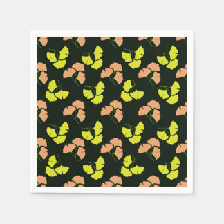 Pastel-Neon Ginko Leaves on Black Background Napkin