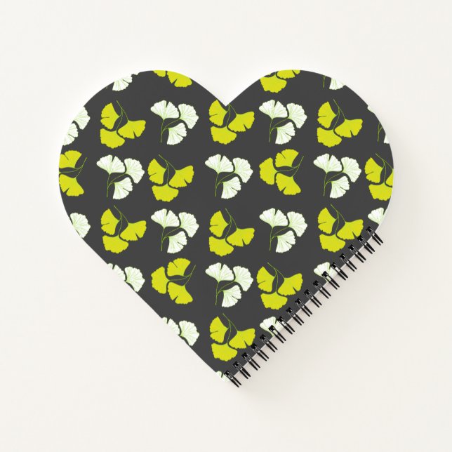 Pastel-Neon Ginko Leaves on Black Background Notebook (Back)