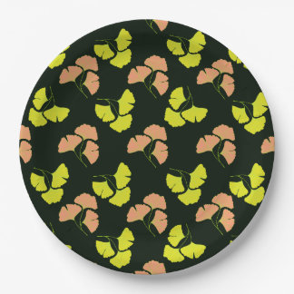 Pastel-Neon Ginko Leaves on Black Background Paper Plate