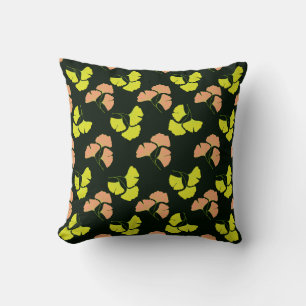Pastel-Neon Ginko Leaves on Black Background Throw Pillow