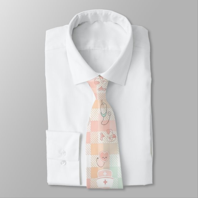 Pastel Nurse Life Chequered Pattern Tie (Tied)