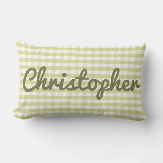 Pastel Nursery Green Gingham with Name Lumbar Pillow (Front)