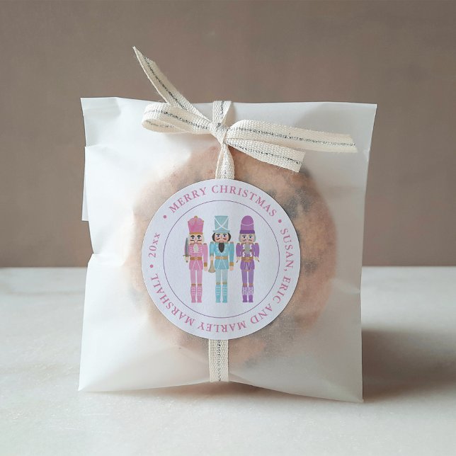 Pastel Nutcracker Ballet Soldiers Merry Christmas  Classic Round Sticker (Fun Pastel Nutcracker Soldiers Decorate this Merry Christmas Cookie Sticker)