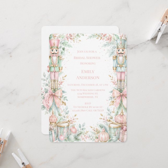 Pastel Nutcracker Christmas Bridal Shower Invitation (Front/Back In Situ)