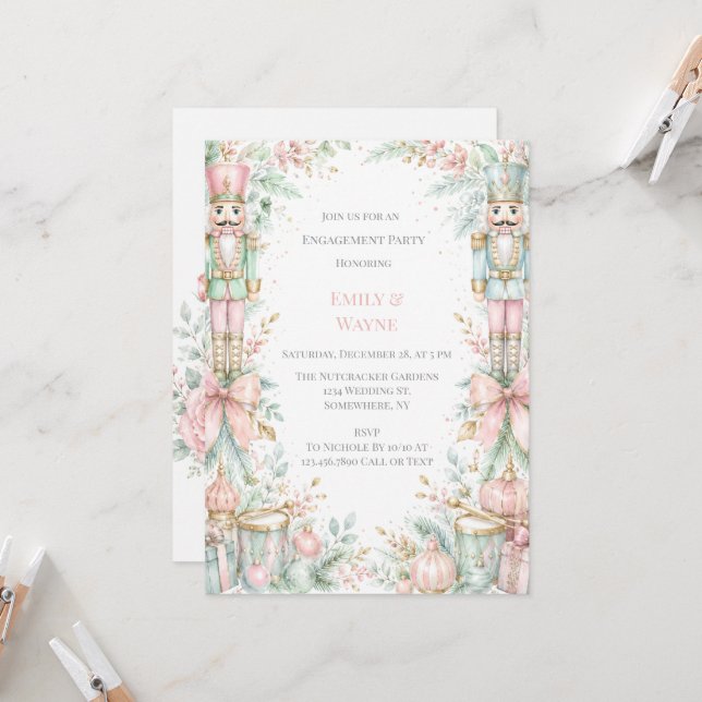 Pastel Nutcracker Christmas Engagement Party Invitation (Front/Back In Situ)