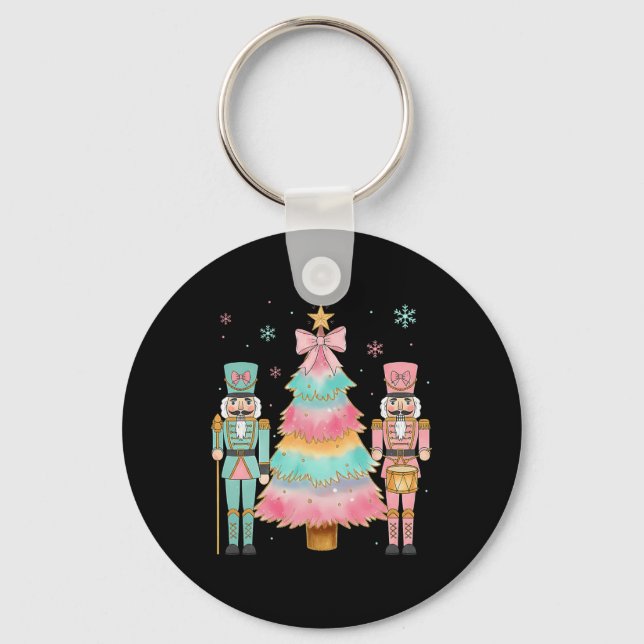 Pastel Nutcracker Soldier Pink Bow Christmas Tree  Keychain (Front)