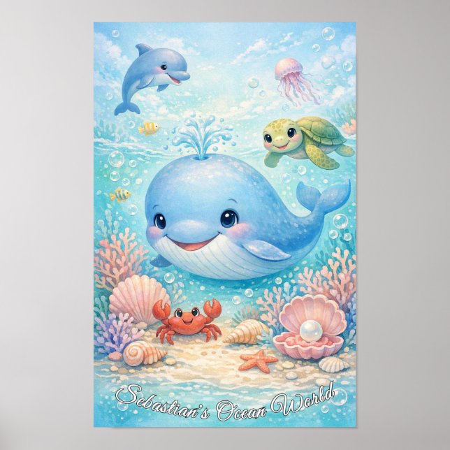 Pastel Ocean Animals Boy Blue Whale Dolphin Turtle Poster (Front)