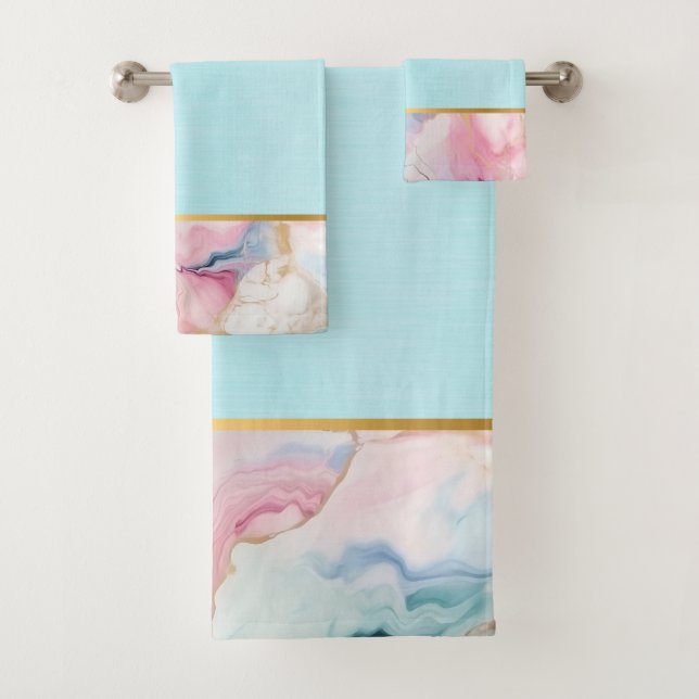 PASTEL OCEAN MARBLE GOLD BATHROOM TOWEL SET (Insitu)