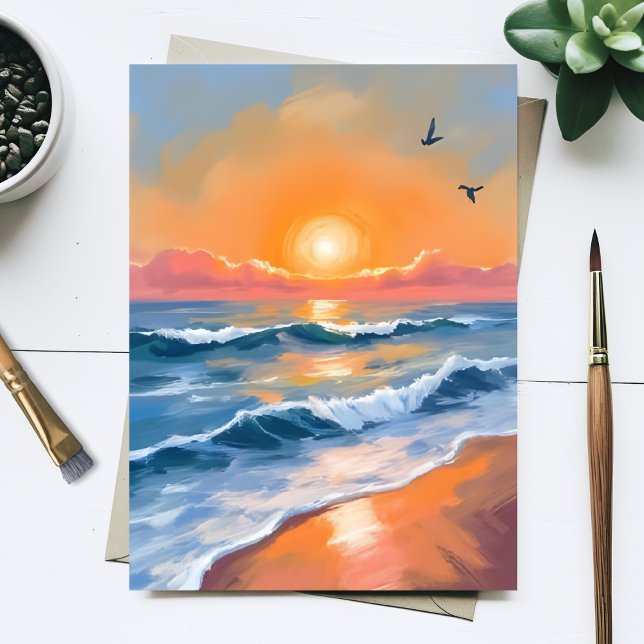 Pastel Ocean Sunset Watercolor Beach Painting Card (Creator Uploaded)