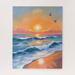 Pastel Ocean Sunset Watercolor Beach Painting Jigsaw Puzzle