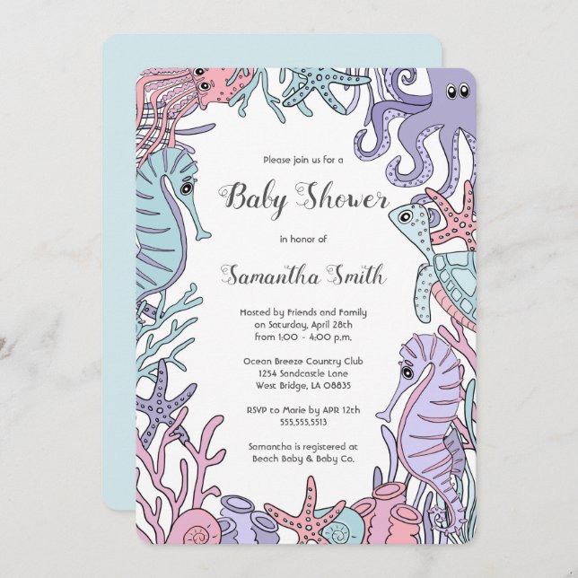 Pastel Ocean Theme Sea Life Baby Shower Invitation (Front/Back)