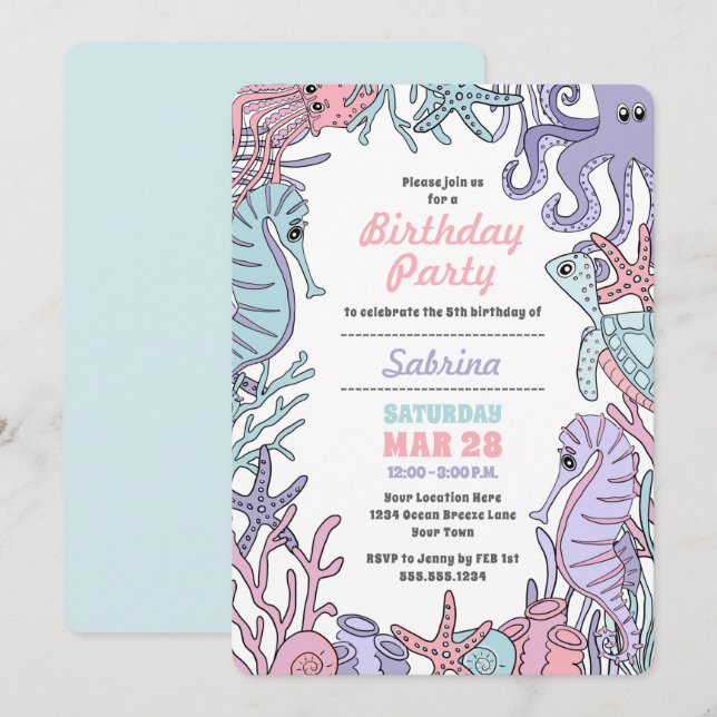 Pastel Ocean Thème Sea Life Invitation d'anniversa (Devant / Derrière)