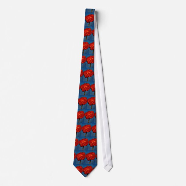 Pastel of Bright Red Poppy on Blue Background Tie (Front)