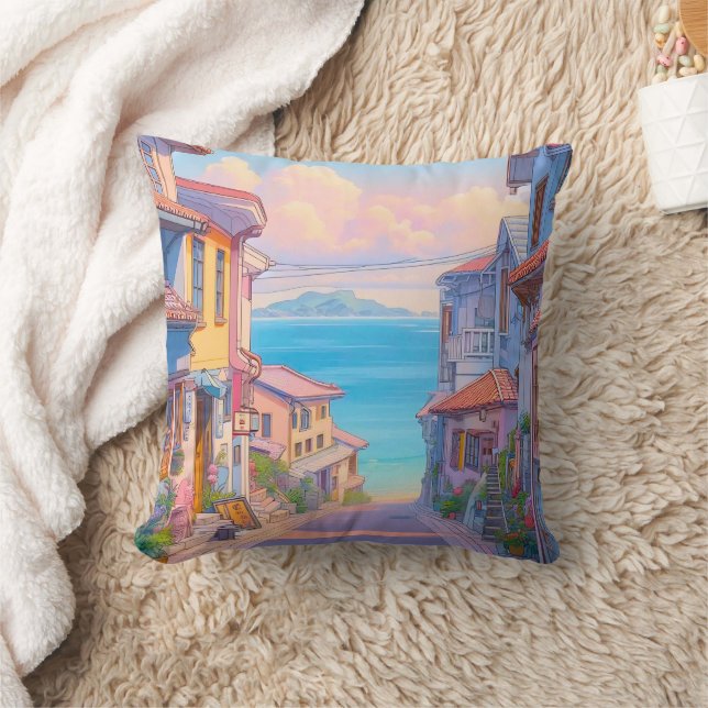 Pastel Okinawa Seaside Street Throw Pillow (Blanket)