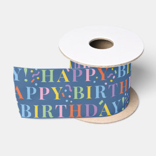 Pastel on Blue  Happy Birthday Text with Confetti Satin Ribbon