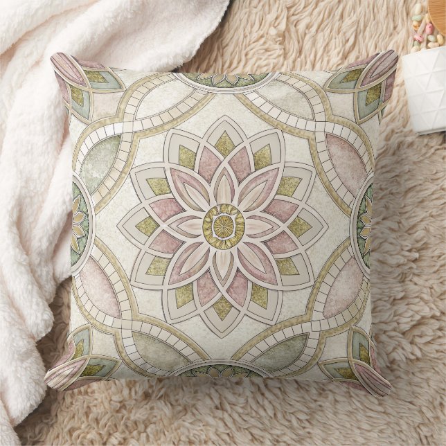 Pastel Opalescent Floral Mosaic - Mandala Throw Pillow (Blanket)
