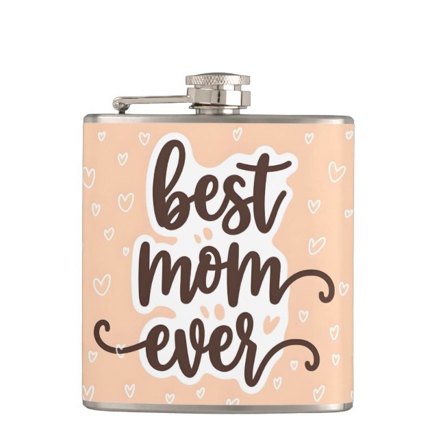 Pastel Orange Best Mom Ever Script Hearts Hip Flask (Front)