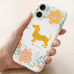 Pastel Orange Dachshund with Flower – Custom Name iPhone 16 Case