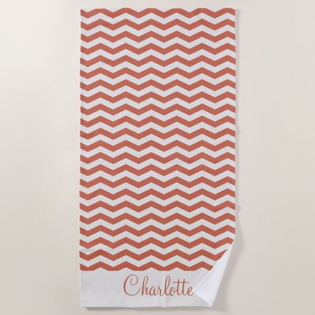 Pastel orange name zig zag stripe geometric beach towel (Front)
