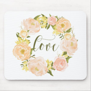 Pastel Orange Peonies Wreath   Love Lettering Mouse Pad