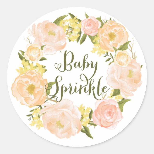 Pastel Orange Peony Wreath Baby Sprinkle Classic Round Sticker (Front)