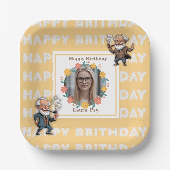 Pastel Orange Psychology Birthday Photo Square Fra Paper Plate (Front)