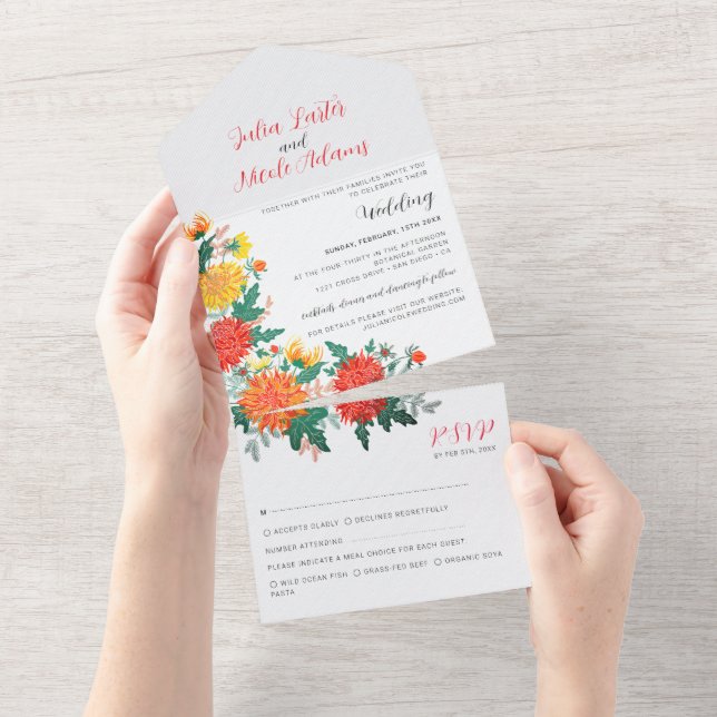 Pastel Orange Yellow Spring Dahlia Flowers Wedding All In One Invitation (Tearaway)